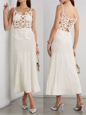 Cult Gaia Nalda Crocheted Cotton & Pleated Stretch Knit Midi Dress Off White